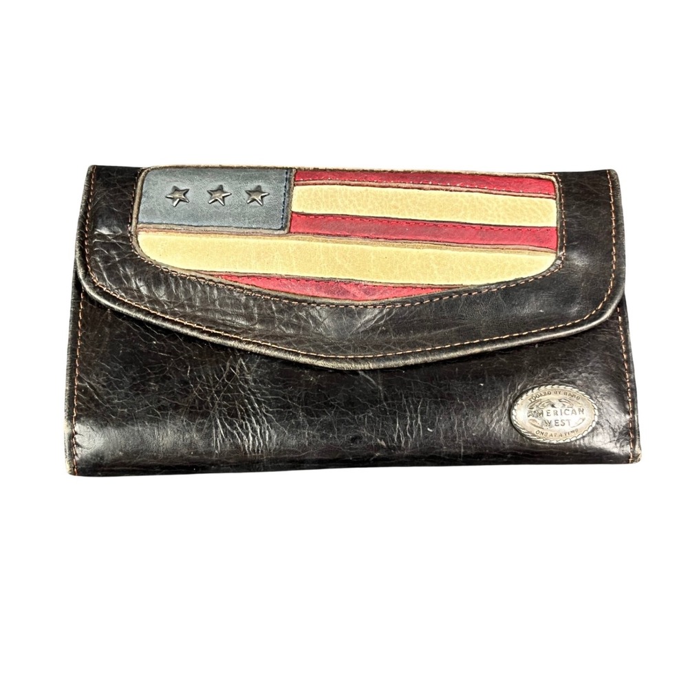 American West Brown Leather American‎ Flag Trifold Clutch Wallet Star Studs
